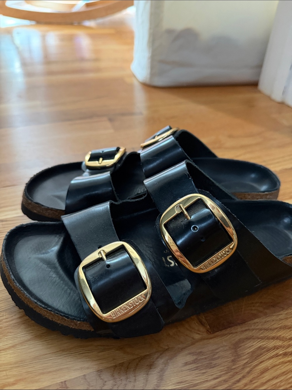 Birkenstock Black Double-Buckle Sandals with Gold Buckles - Picture 3 of 3
